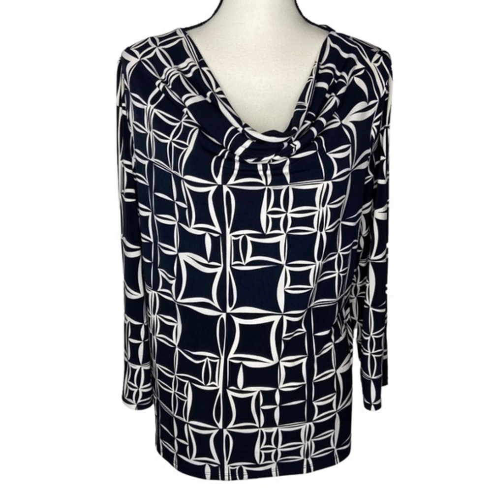 Jones Wear Top Black White Geometric Print Draped Neck Blouse Top‎ Size XL